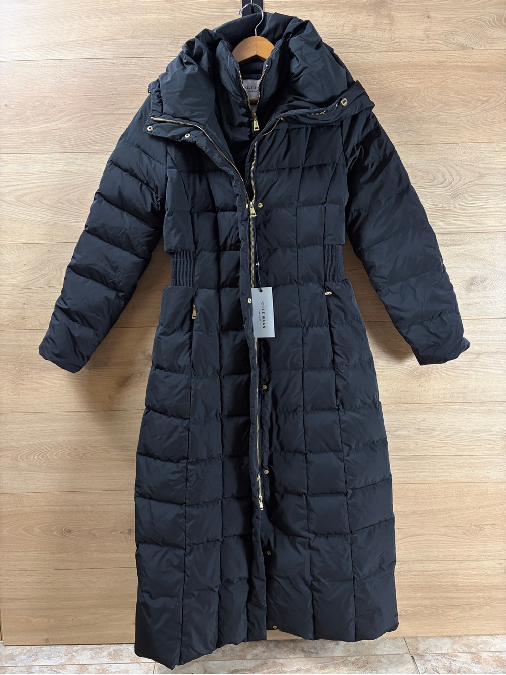 Cole Haan Black Quilted Down/Feather Hooded Maxi Puffer Coat - XS